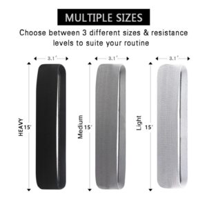 vertical display of three resistance bands labeled Heavy, Medium, and Light, each measuring 3.1 inches wide and 15 inches long, with top text reading "MULTIPLE SIZES — Choose between 3 different sizes & resistance levels to suite your routine"