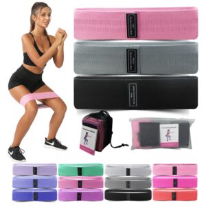 woman performing squat with pink hip resistance band, shown beside three bands in pink, gray, and black, mesh carry bag, product box, transparent pouch, and bottom rows of additional bands in purple, green, pink, gray, and black