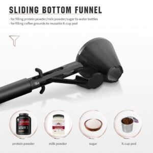 black sliding funnel tool shown with icons for protein powder, milk powder, sugar, and coffee pod filling, designed for clean transfer into bottles and pods