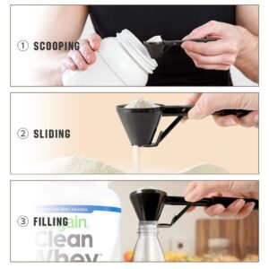 three-panel visual showing scoop from container, funnel pour, and transfer into bottle using black protein scoop with ergonomic spout