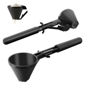 black protein scoop with trigger handle and funnel-shaped body, shown dispensing powder into container with ergonomic side view