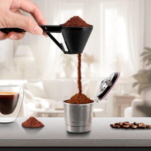 hand pouring powdered supplement from black scoop into stainless steel pod, with background showing protein pile, shaker, and soft-lit kitchen
