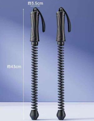 Measurement diagram of cordless battle rope showing spring length before and after compression, with handle and safety strap visible