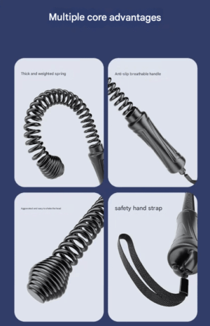 Black cordless battle rope training tool showing thick weighted spring coil, anti-slip breathable handle, flexible motion design, and safety hand strap