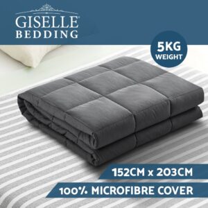 Folded dark grey Giselle Bedding weighted blanket on striped bedspread; labeled with weight, size, and microfibre cover