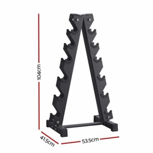 Vertical A-frame dumbbell rack with clearly marked dimensions showing 104cm height, 53.5cm width, and 41.5cm depth, highlighting the compact space-saving design for home gym dumbbell storage.