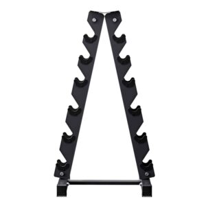 Vertical A-frame dumbbell rack stand with multiple angled cradles, heavy-duty steel construction, and a compact space-saving design for secure home gym dumbbell storage.