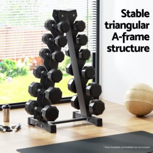 Vertical dumbbell rack with a stable triangular A-frame structure, displaying securely stored hex dumbbells, a reinforced steel frame, and non-slip rubber feet for safe and balanced home gym storage.