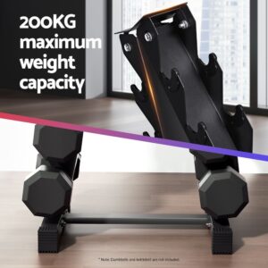 Vertical dumbbell storage rack showcasing a 200kg maximum weight capacity, featuring a reinforced steel frame, secure dumbbell hooks, and stable rubber base feet for safe home gym storage.