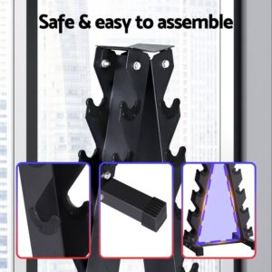 Vertical dumbbell storage rack highlighting safe and easy assembly, showing secure dumbbell hooks, rubber base feet, and a stable triangular steel frame design for home gyms.