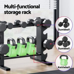 Multi-functional storage rack designed to hold dumbbells and kettlebells, showing tiered dumbbell supports and lower shelf kettlebell storage in a home gym setup.