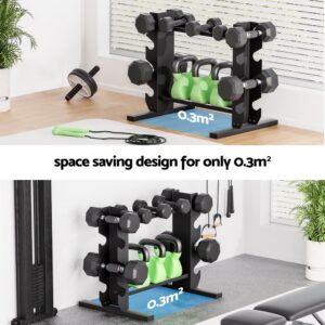 Multi-level dumbbell and kettlebell storage rack demonstrating a compact space-saving design occupying only 0.3 square metres in a home gym setup.