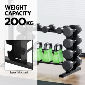 Multi-level dumbbell storage rack highlighting 200kg weight capacity, made from super thick steel, shown holding dumbbells and kettlebells in a home gym setting.