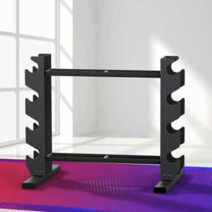 Multi-level barbell storage rack displayed in a modern home gym setting, featuring vertical bar holders and a sturdy steel frame designed to keep barbells organised and accessible.