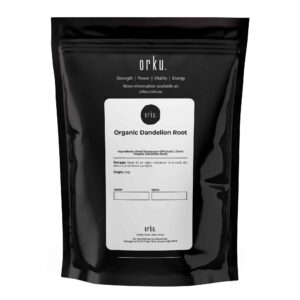 orku™ Organic Dandelion Root pouch with white label showing botanical name, Italian origin, and Sumner QLD packaging info