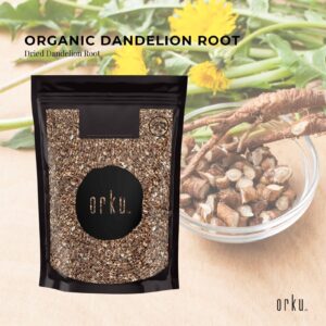 orku™ Organic Dandelion Root pouch with transparent window, fresh dandelion flowers, and bowl of chopped root