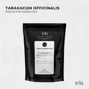 orku™ Organic Dandelion Root pouch with white label showing botanical name, origin, and packaging details