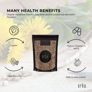 Orku™ Organic Dandelion Root pouch with dandelion flowers, leaves, and health benefit icons on natural background