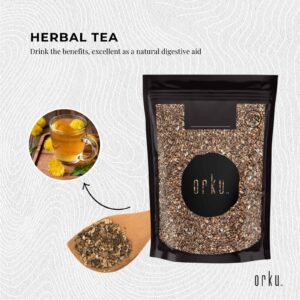 orku™ Herbal Tea pouch with loose botanicals in spoon and brewed tea inset with dandelion garnish