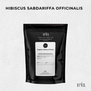 orku™ Organic Hibiscus Flower pouch with botanical labeling and product details on textured background
