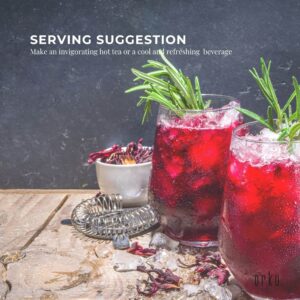 Two glasses of iced hibiscus tea with rosemary garnish, surrounded by ice, dried petals, and cocktail tools