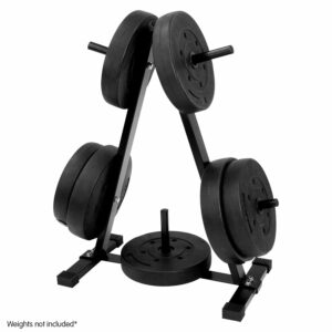 Weight plate storage rack holding multiple standard gym weight plates on a compact freestanding frame, weights shown for demonstration purposes only.
