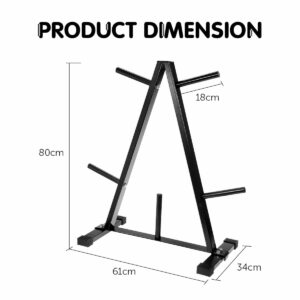 Weight plate storage rack with labelled product dimensions showing 80 cm height, 61 cm width, 34 cm depth, and 18 cm plate peg length.