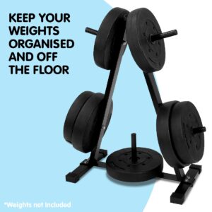 Weight plate storage rack keeping gym weight plates organised and off the floor, shown with weights for demonstration purposes only.