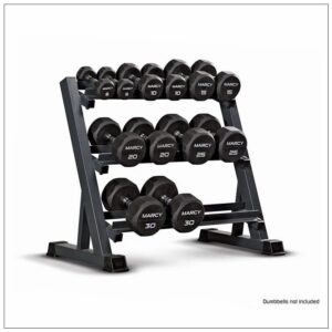 Three tier dumbbell storage rack holding multiple hex dumbbells in different weights, shown for demonstration purposes with dumbbells not included.