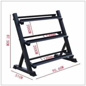 Barbell storage rack with labelled dimensions showing 87.5 cm height, 95.6 cm width, 51 cm depth, and 200 mm spacing between rack levels.