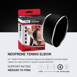 mx Premium Universal Neoprene Tennis Elbow Support Brace with packaging, support rating chart, and ergonomic features