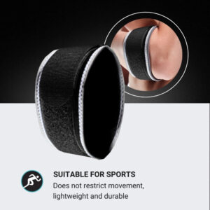 Black elbow support strap shown close-up and worn on arm, designed for sports and joint relief