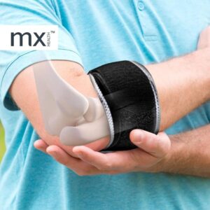 Person wearing mx HEALTH™ black elbow support strap with anatomical overlay highlighting elbow joint relief
