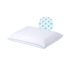White memory foam pillow with blue trim; inset shows perforated blue foam core for breathability