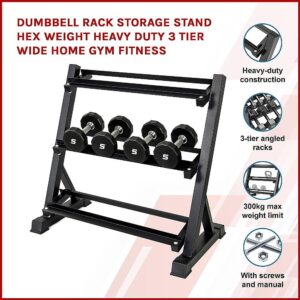 Heavy duty three tier dumbbell rack storage stand featuring angled racks, steel construction, and high weight capacity, designed for wide home gym fitness setups.