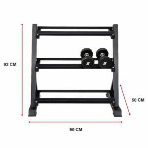 Three tier dumbbell storage rack with labelled dimensions showing 92 cm height, 90 cm width, and 50 cm depth, with dumbbells shown for size reference.