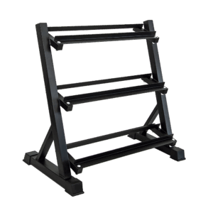 Front angled view of a three tier dumbbell storage rack showing sturdy steel construction, tiered shelves, and a compact design for organised home gym storage.