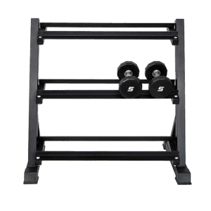 Front view of a three tier dumbbell storage rack with dumbbells placed on the middle tier, showing compact steel frame design and organised home gym storage.
