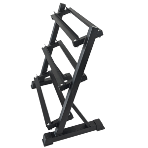 Angled rear view of a three tier dumbbell storage rack showing reinforced steel frame construction and tiered support structure for stable home gym storage.