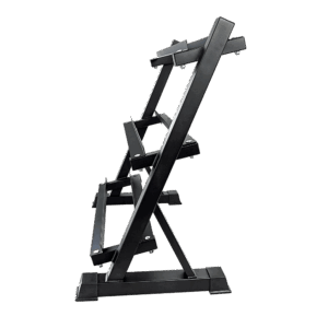 Side view of a three tier dumbbell storage rack showing angled steel frame design and tiered shelves for compact home gym storage.