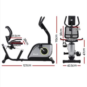 Everfit recumbent exercise bike dimensions diagram showing overall length, height, width, seat measurements and handlebar spacing for accurate home gym fit and space planning