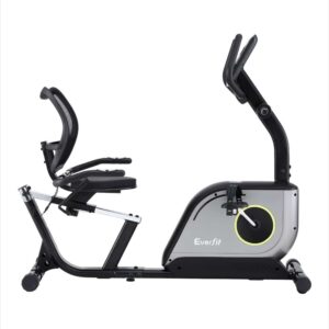 Everfit recumbent exercise bike side view showing adjustable seat, lumbar backrest, magnetic flywheel housing and ergonomic low-impact cycling design for home workouts