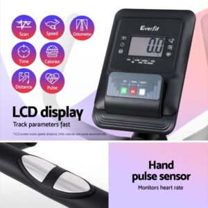 Everfit recumbent exercise bike LCD display showing speed, time, distance, calories and odometer with integrated hand pulse sensor for heart rate monitoring