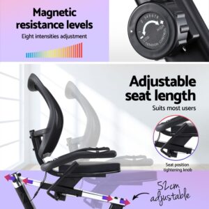 Everfit recumbent exercise bike showing adjustable seat length and eight-level magnetic resistance control for customised low-impact workouts