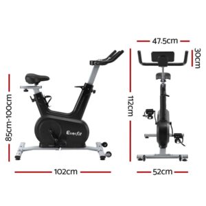 Everfit upright exercise bike size and dimensions diagram showing overall length width height and handlebar measurements for home gym space planning