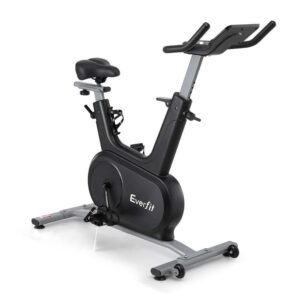 Everfit upright exercise bike front view showing compact frame adjustable seat and handlebars designed for comfortable home cardio workouts
