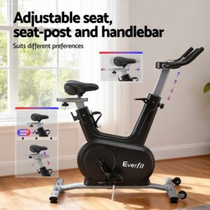 Everfit upright exercise bike with adjustable seat seat post and handlebars showing custom fit options for different rider heights and comfortable home cardio workouts