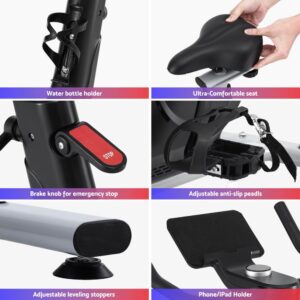 Everfit upright exercise bike showing water bottle holder ultra comfortable seat emergency brake knob adjustable anti slip pedals leveling feet and phone tablet holder for home cardio workouts