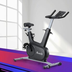 Everfit upright exercise bike showing adjustable seat height handlebars and compact magnetic resistance design for home cardio training