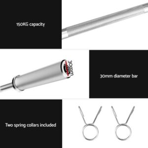 120cm chrome dumbbell bar with 30mm diameter, 150kg load capacity and spring collars included